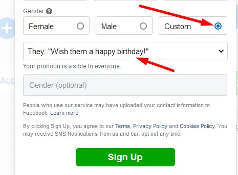 input gender on Facebook account creation