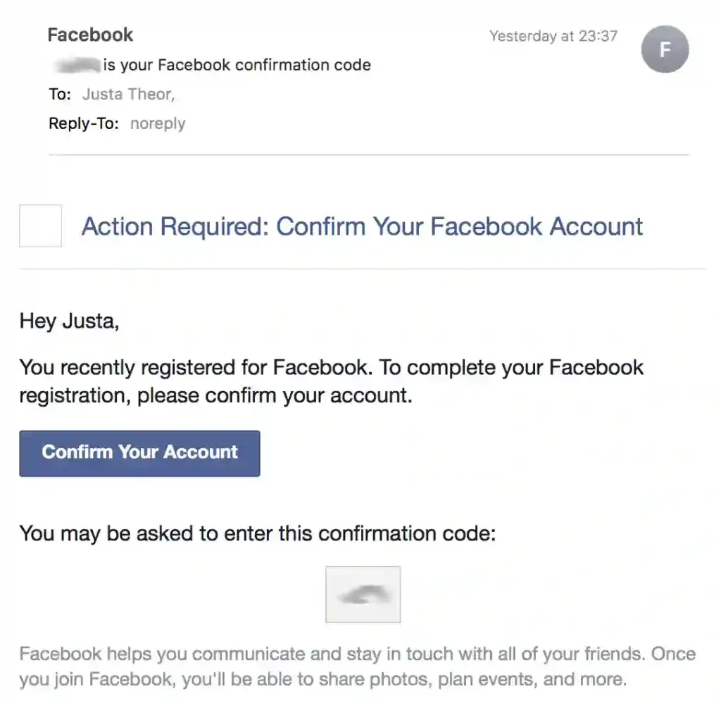 Facebook account confirmation
